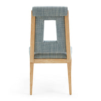 Bar stool with wooden frame and gray woven backrest on a white background