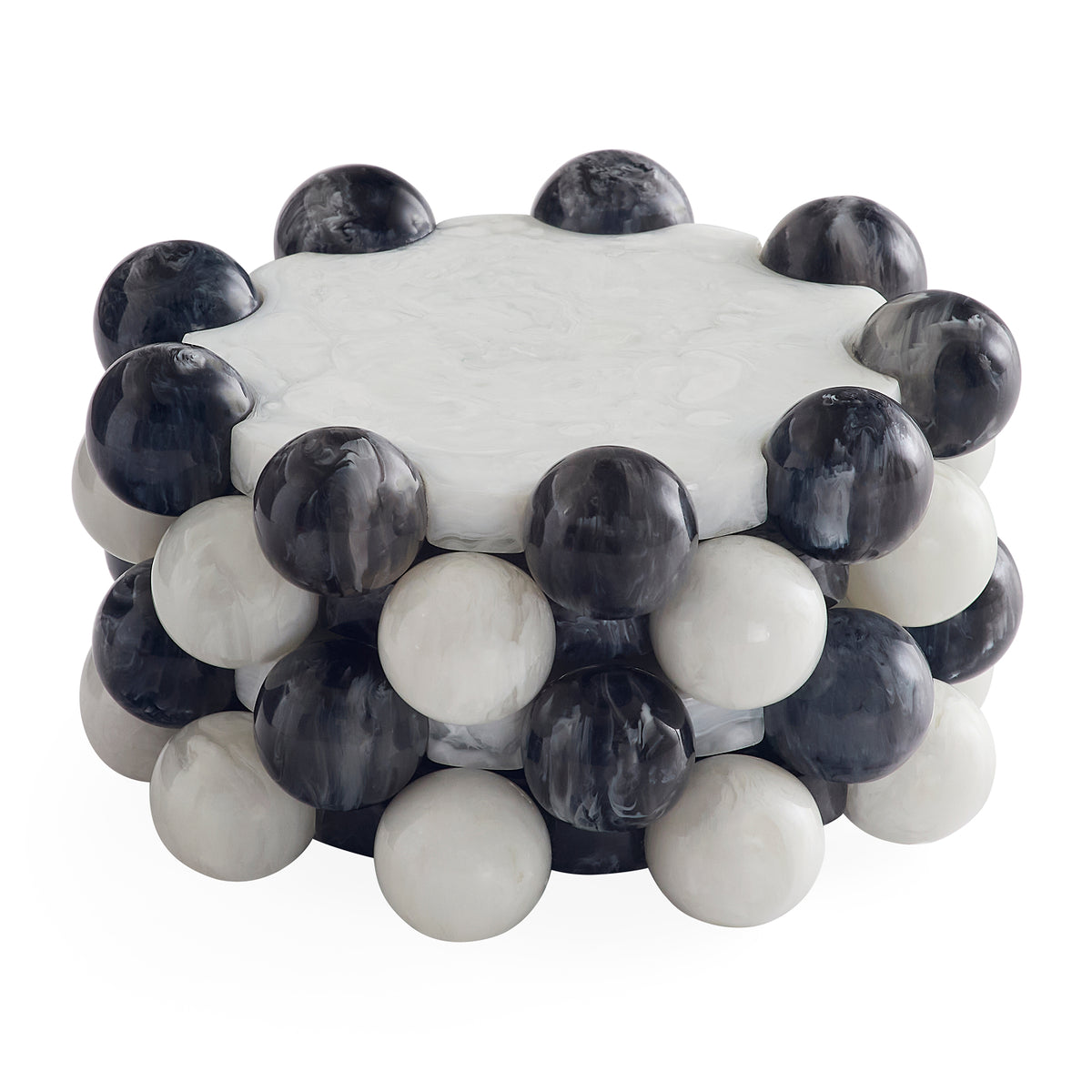 A round coffee table with a white marble top and a lower tier of alternating smooth white and dark gray/black marble spheres, shown on a white background.
