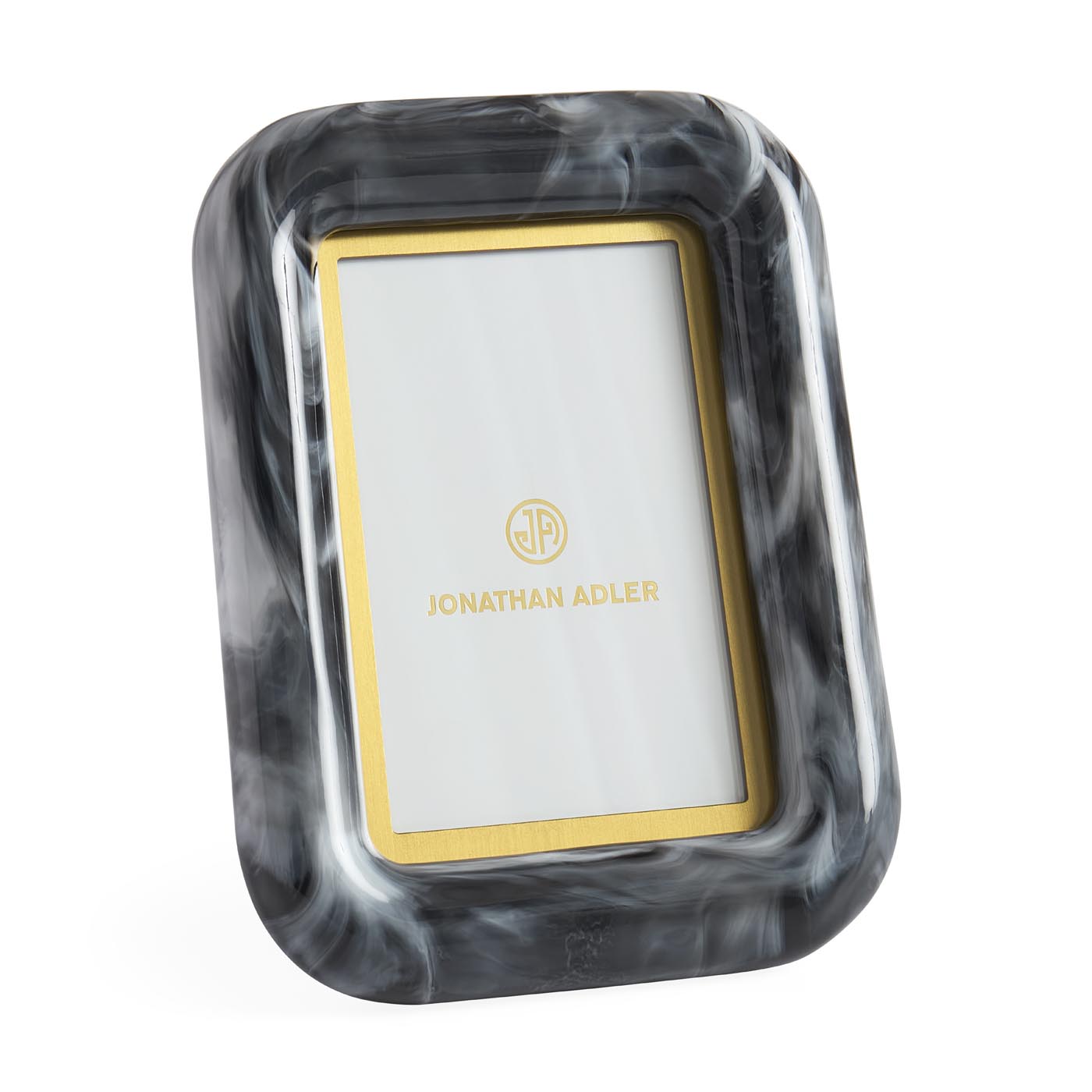 Marble-patterned photo frame with gold border on a white background