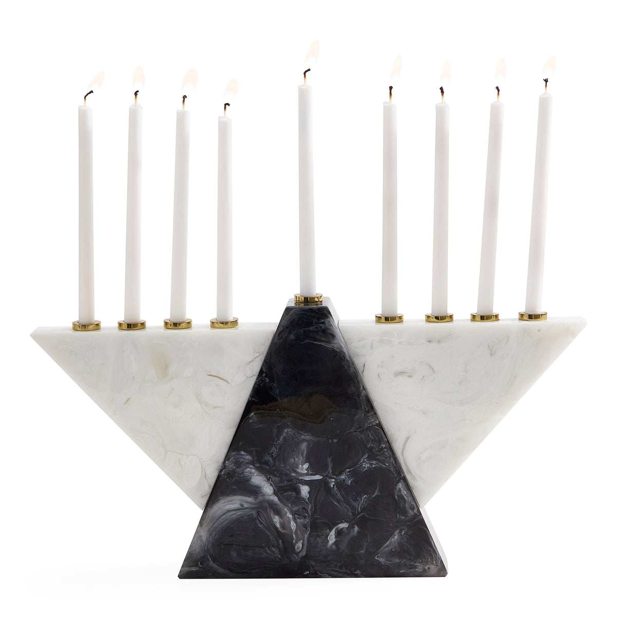 A three-tiered triangular Hanukkah menorah made of white and black marbled stone, holding nine white candles with gold-tone holders, set against a solid white background.
