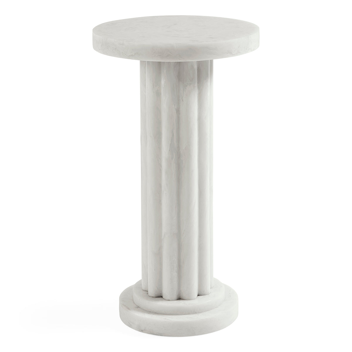 A white marble column side table with a round top and fluted pedestal base, shown on a plain white background.