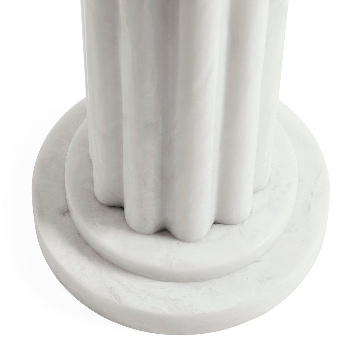 Close-up of a white marble column base with fluted shaft and tiered circular plinth on a white background.