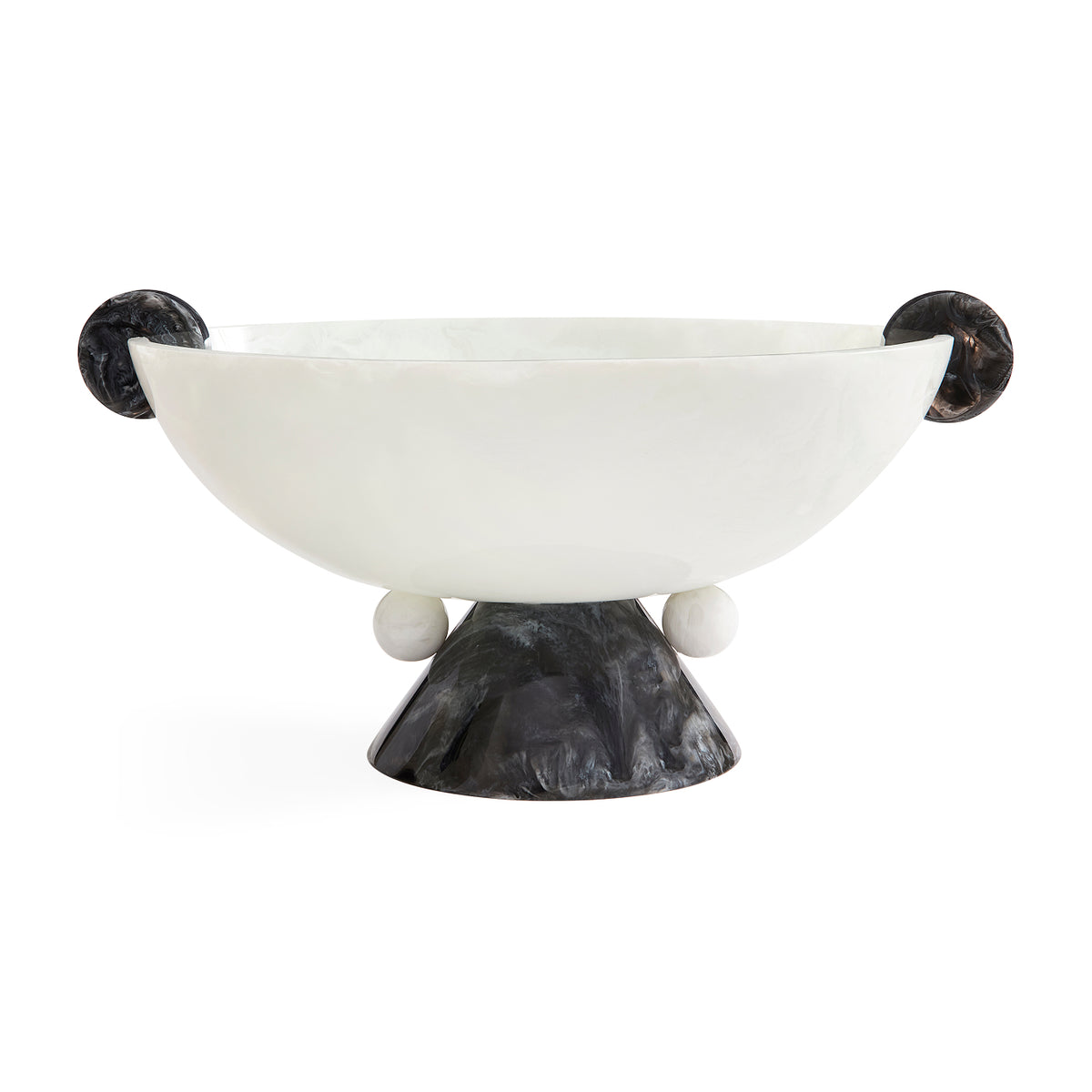 A sculptural bowl with a matte white interior and a dark, textured black exterior, featuring spherical side handles and a pedestal base on a white background.