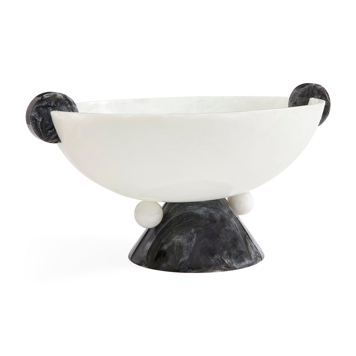 A modern sculptural bowl with a smooth matte white interior and a dark marbled black exterior, featuring spherical side handles and a pedestal base on a white background.