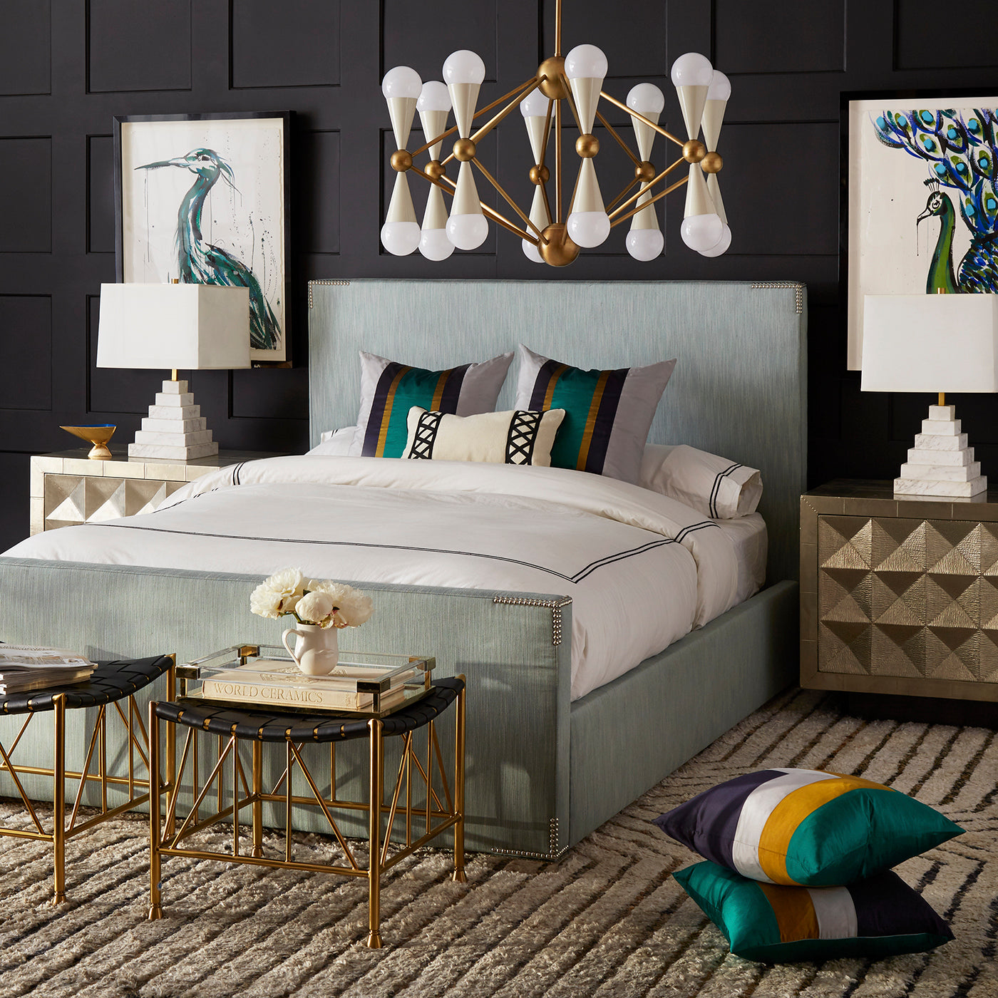 connery king bed biarritz jade nickel canaan pyramid table lamps bedroom - styled view