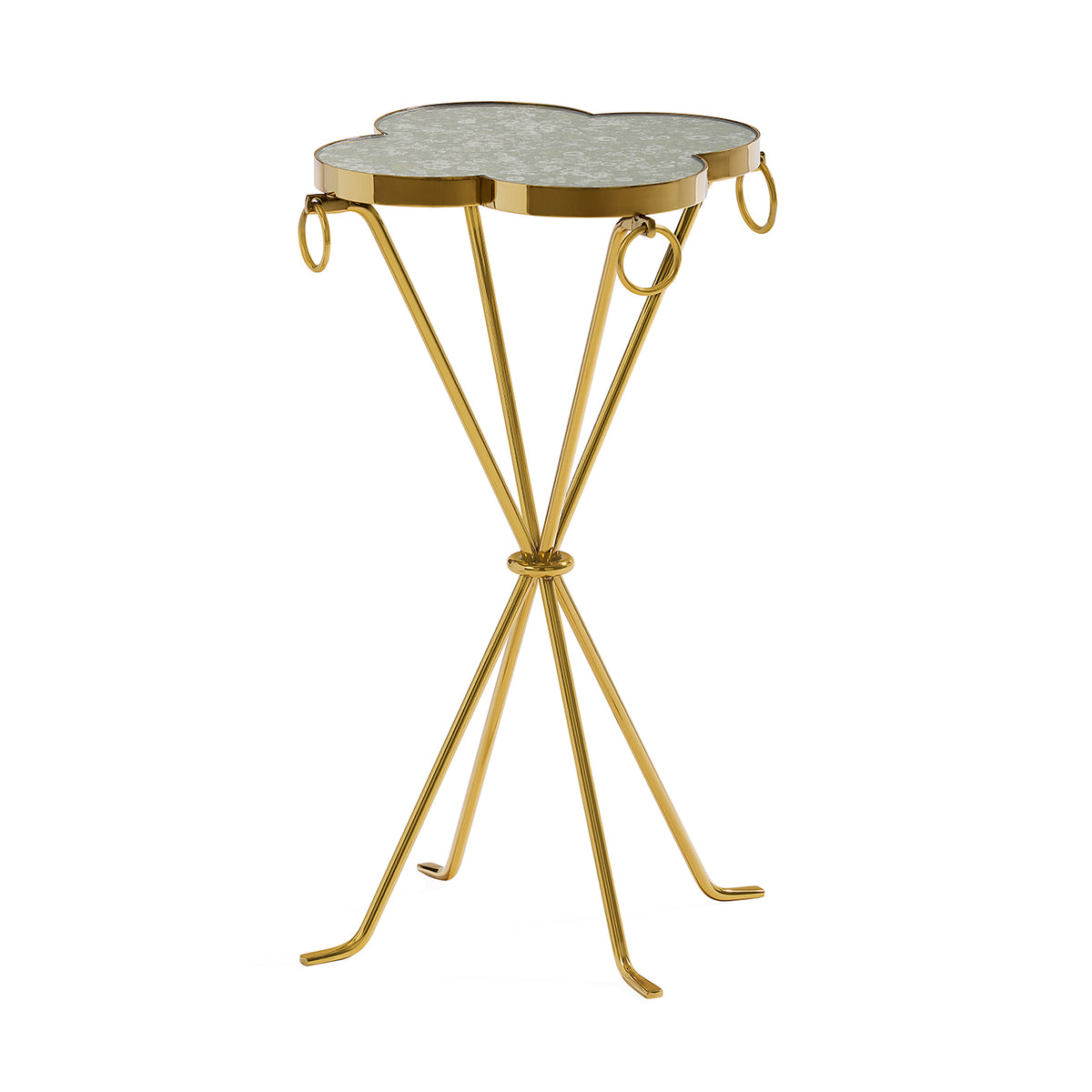 A cloud-shaped side table with a light gray marbled top and a polished gold metal base with four legs and hanging ring handles, shown on a plain white background.