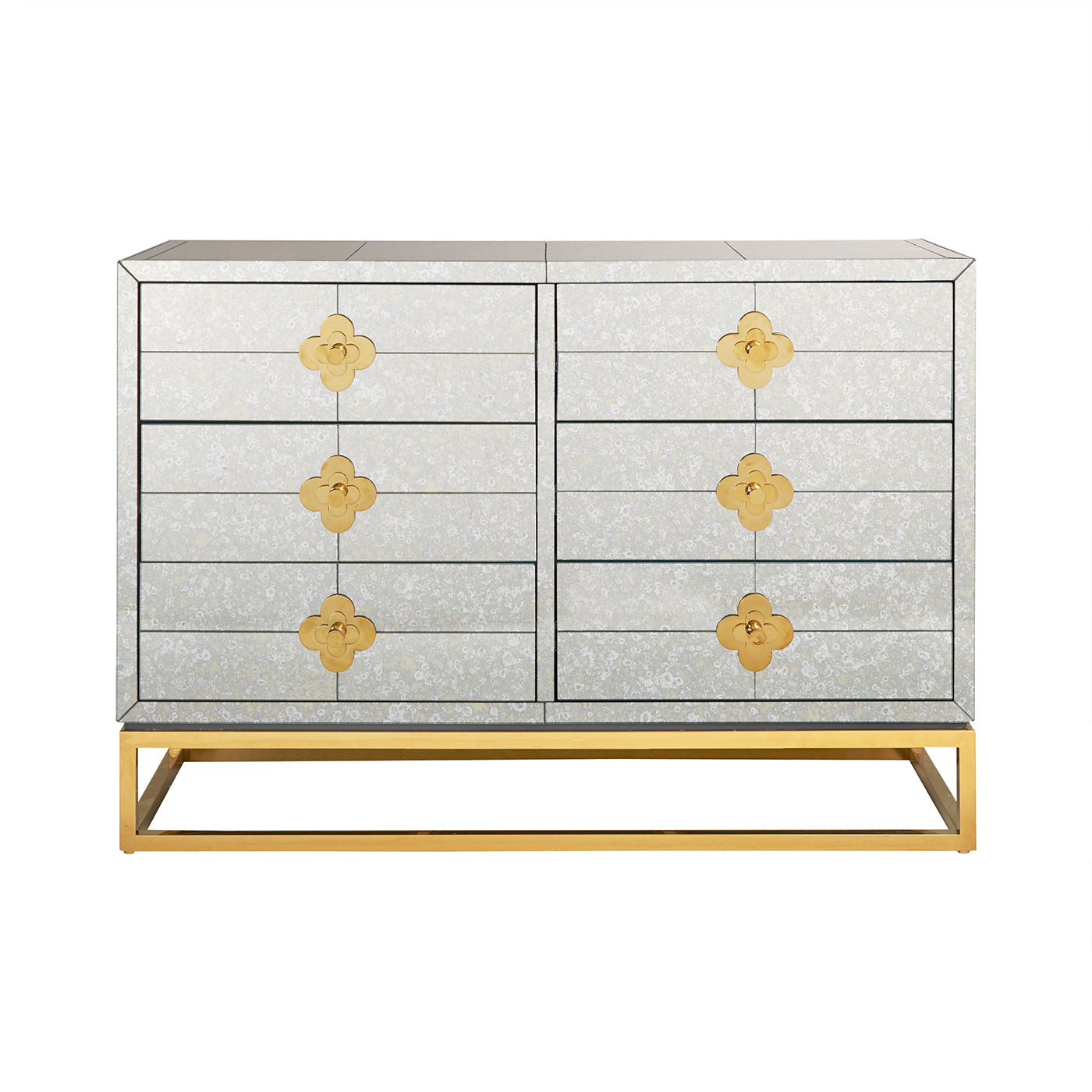 delphine six-drawer dresser antiqued mirror brass base - front view