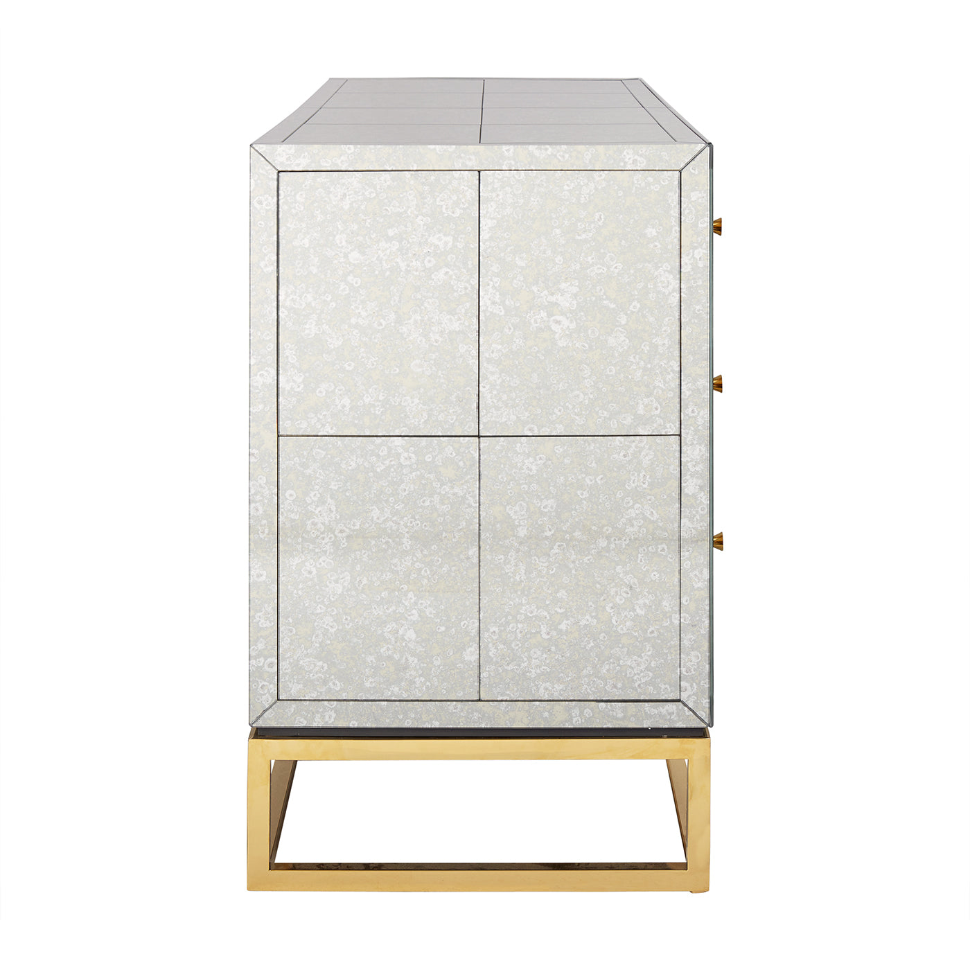 delphine six-drawer dresser antiqued mirror brass base - open front view