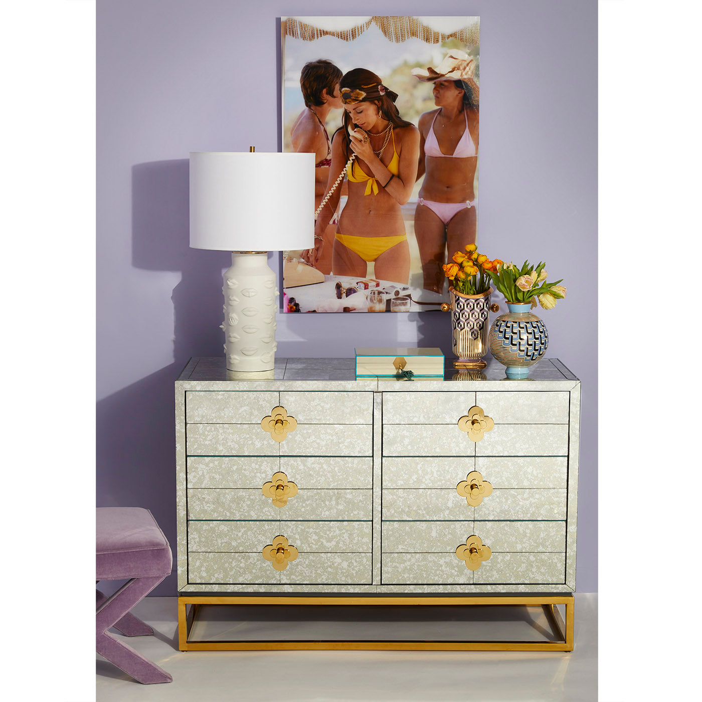 delphine six-drawer dresser gala table lamp versailles vases vignette - styled view
