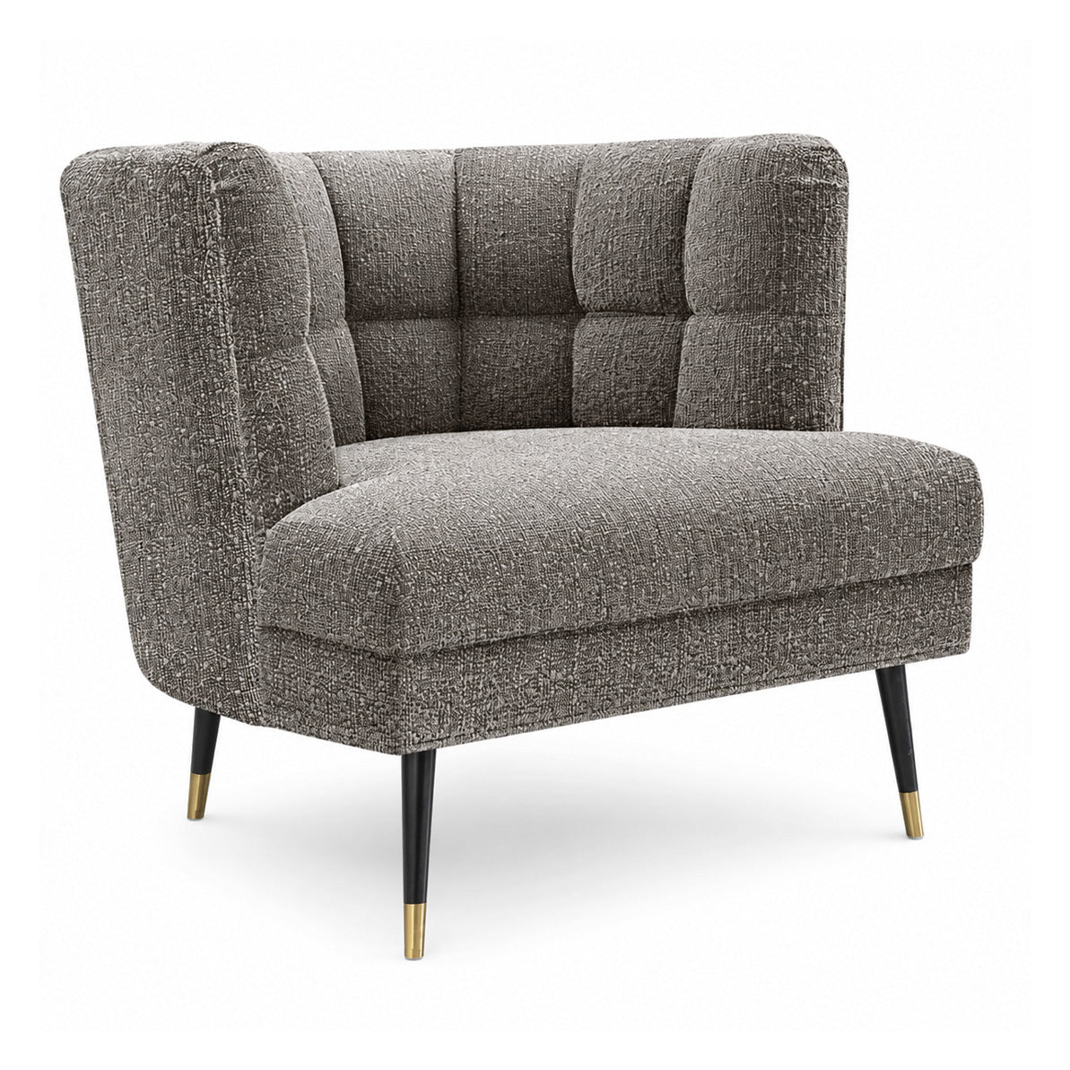 A modern tufted armchair upholstered in a textured gray fabric, featuring black tapered legs with gold metal caps, shown against a plain white background.