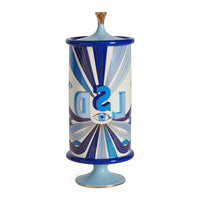 druggist lsd canister porcelain blue accents gold - front view