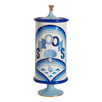 druggist shrooms canister porcelain blue accents gold - front view