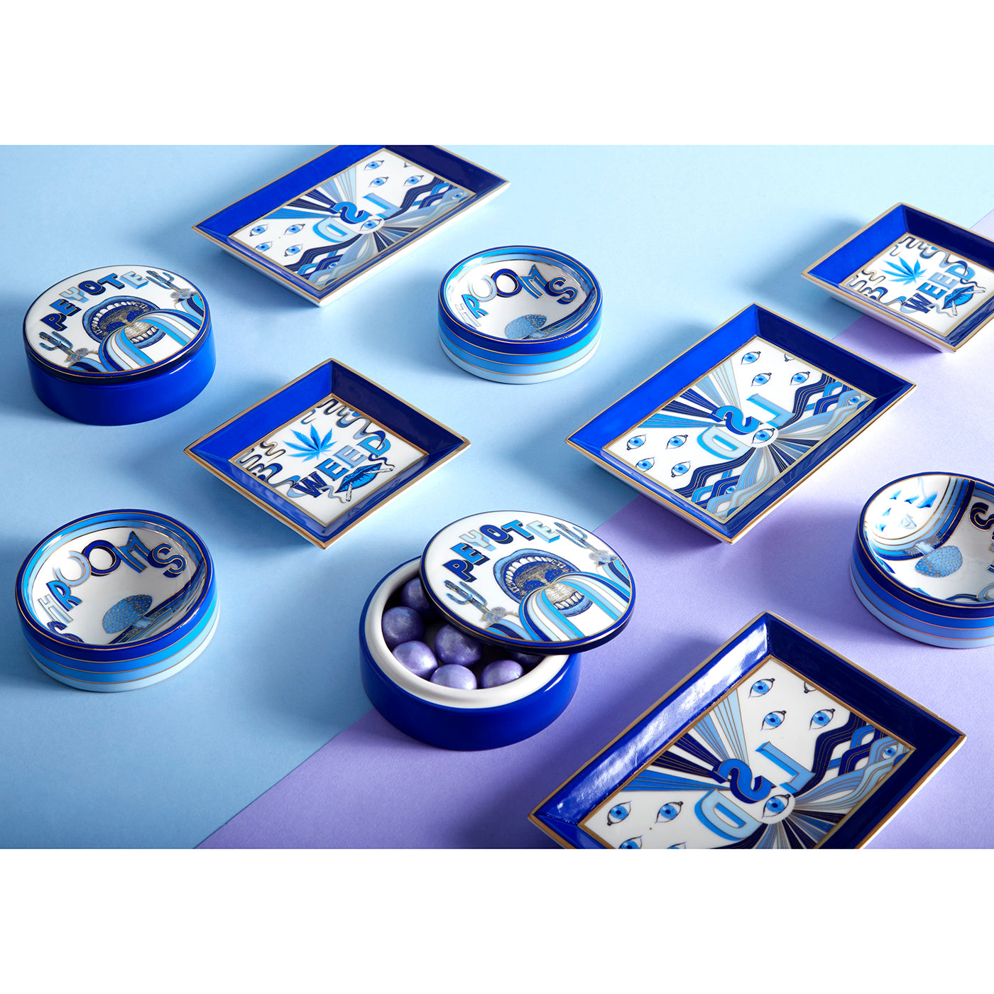 druggist weed square tray porcelain blue accents gold - angle view