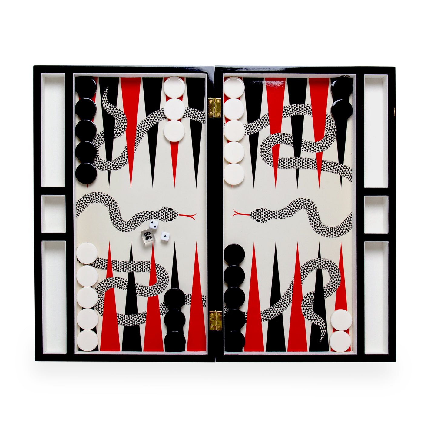 eden backgammon set lacquer black red white open - front view