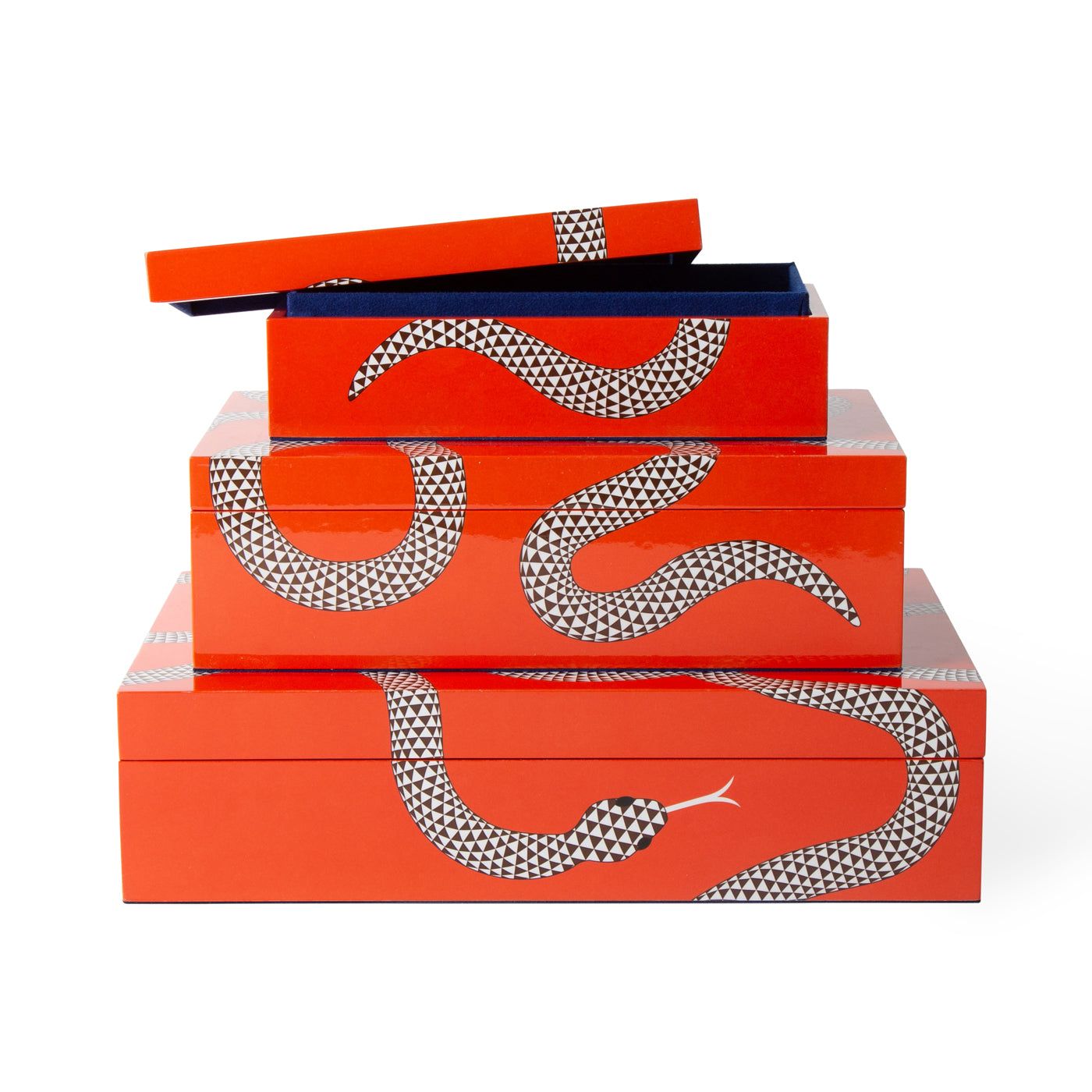 eden lacquer boxes snake orange stacked open - angle view