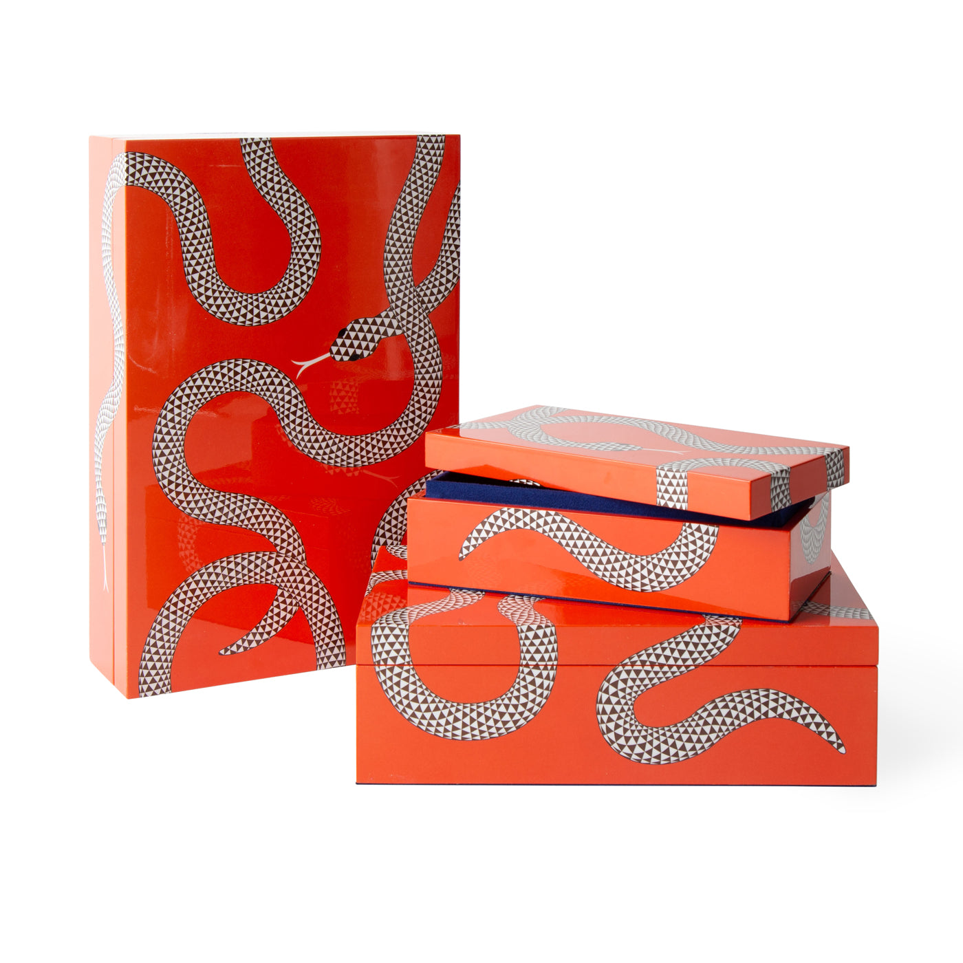 eden lacquer boxes snake orange stacked open - angle view 2