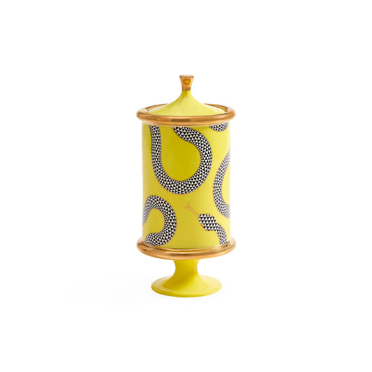 A yellow ceramic decorative jar with a matching lid, featuring a black and white checkered snake pattern and gold-toned trim, set against a plain white background.