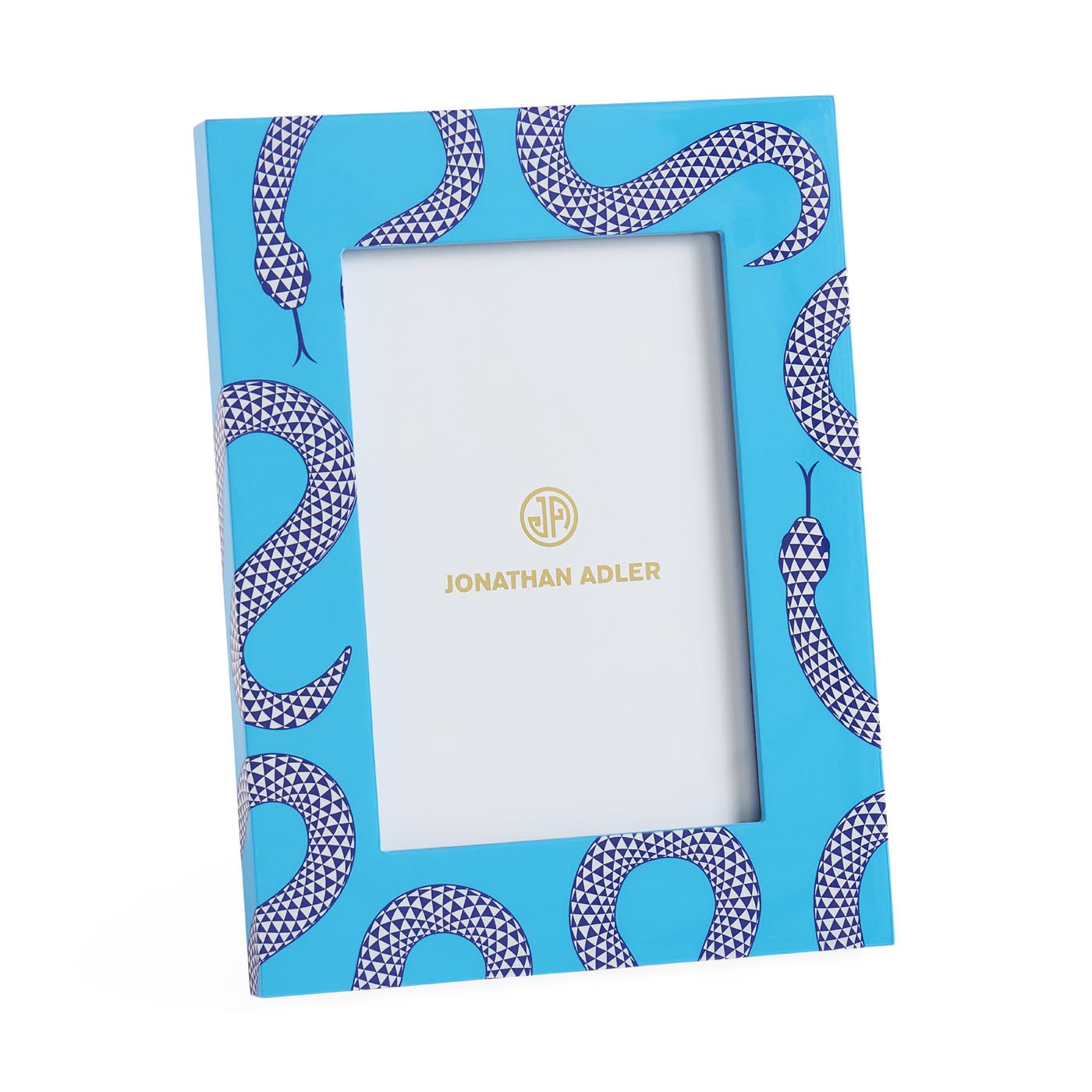 Blue photo frame with snake pattern and Jonathan Adler logo