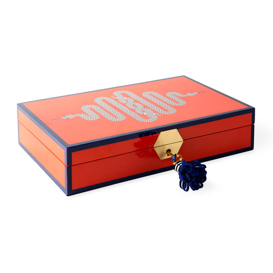 eden jewelry box snake lacquer orange navy - angle view