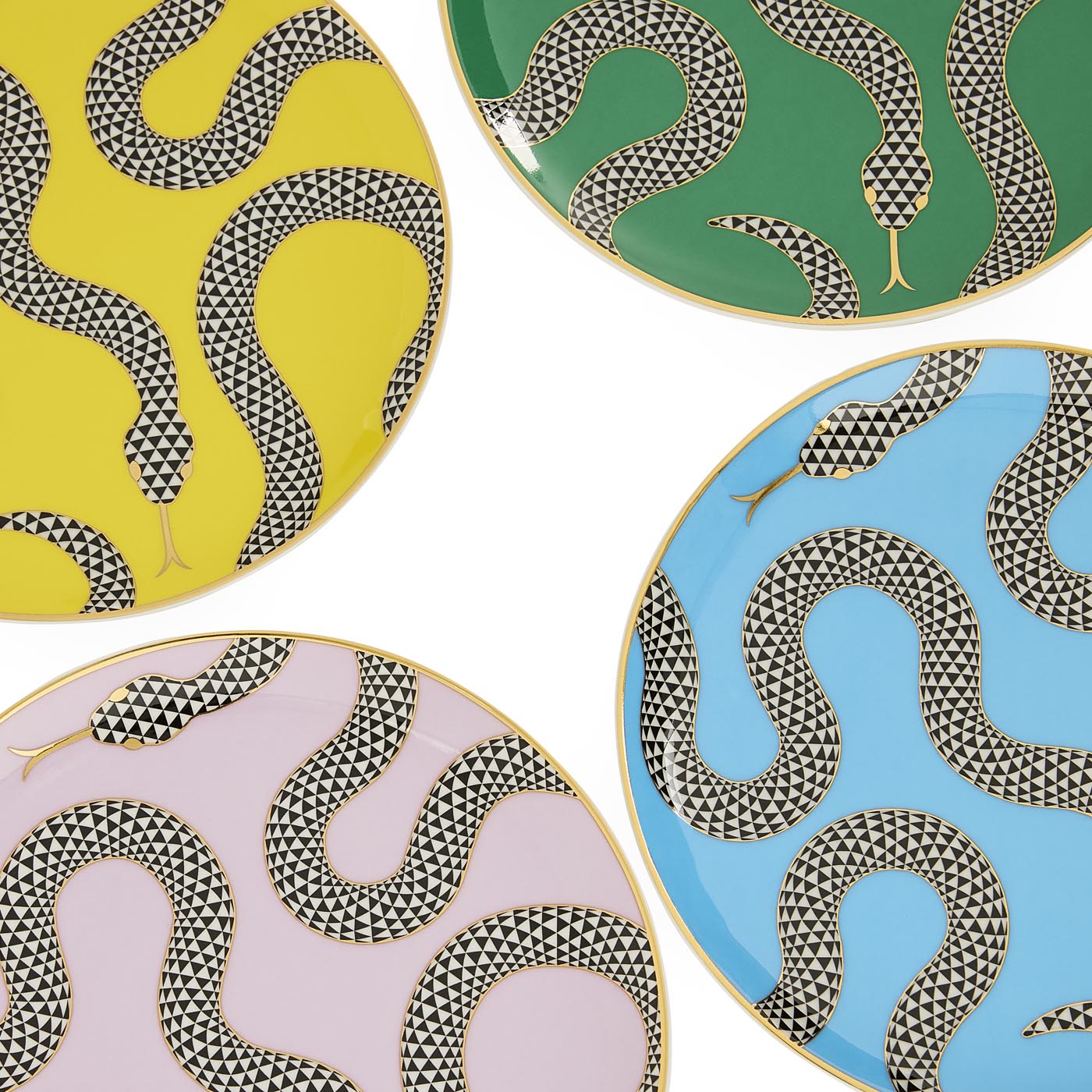 Four decorative plates with snake patterns on yellow, green, pink, and blue backgrounds.