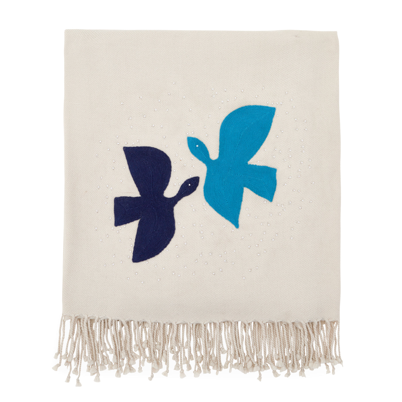 biarritz birds embellished throw wool blue natural - front view