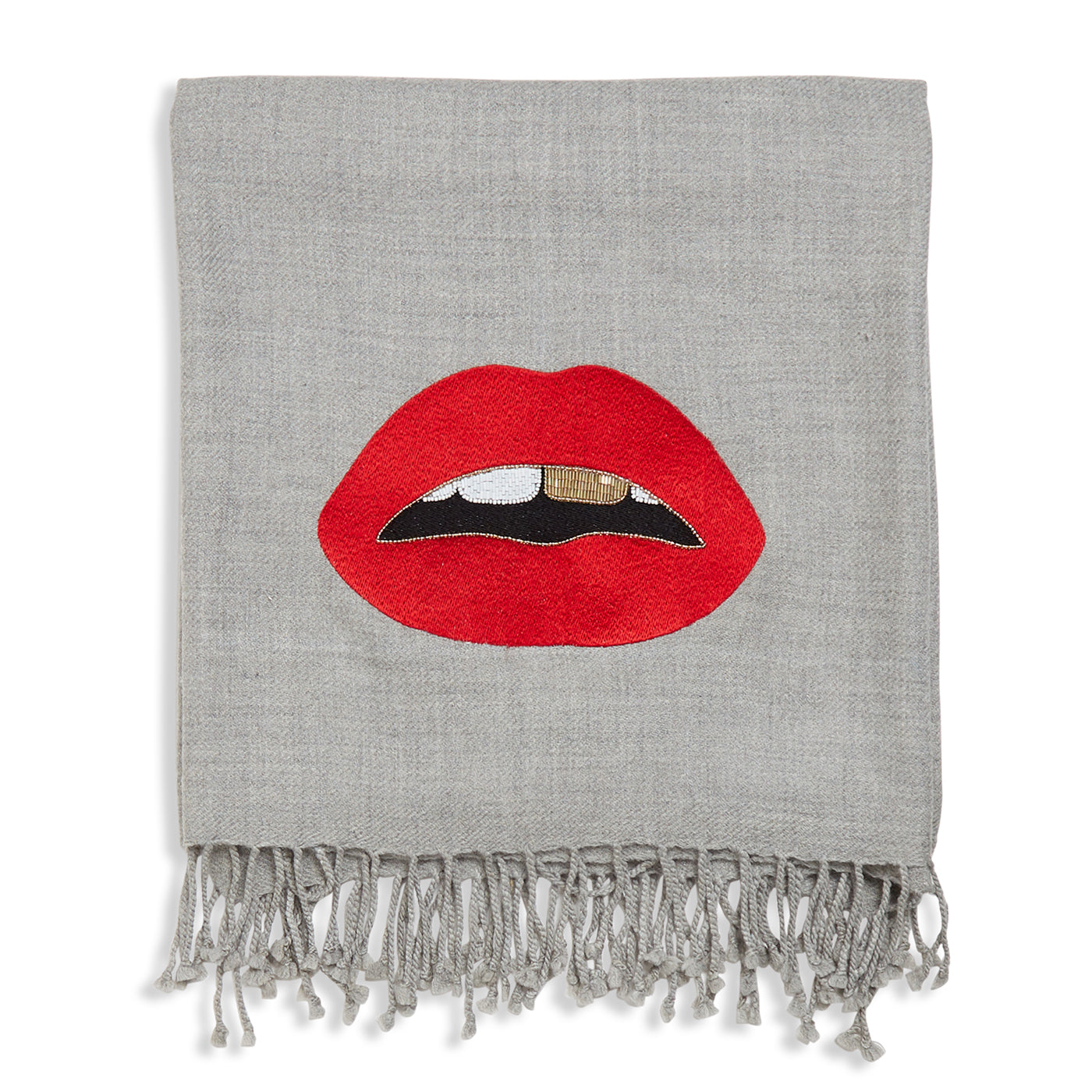 lips embellished throw camel hair wool grey red - front view