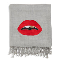 lips embellished throw camel hair wool grey red - front view