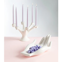 eve candelabra eve fruit bowl pink background - styled view