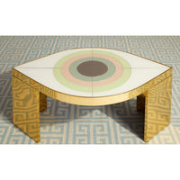 harlequin eye cocktail table greek key rug blue - styled view