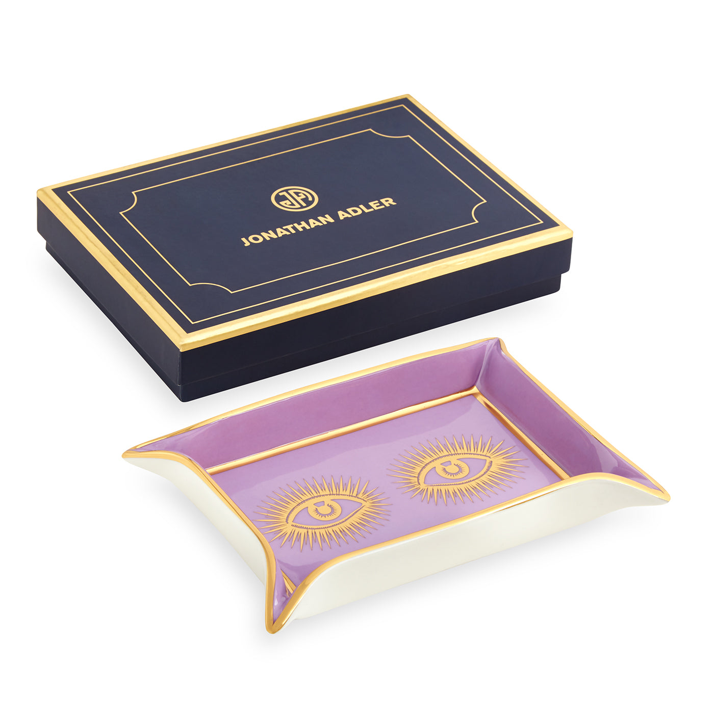 eyes valet tray porcelain purple accents gold with box - angle view