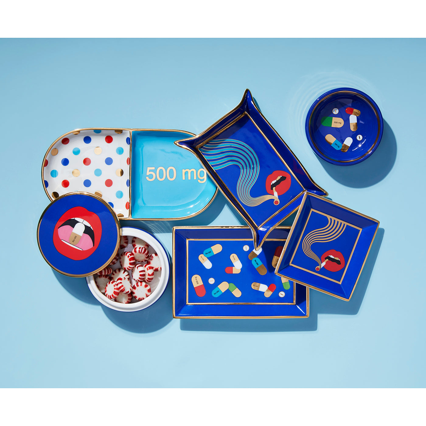 full dose rectangle tray porcelain blue multicolor accents gold - styled view