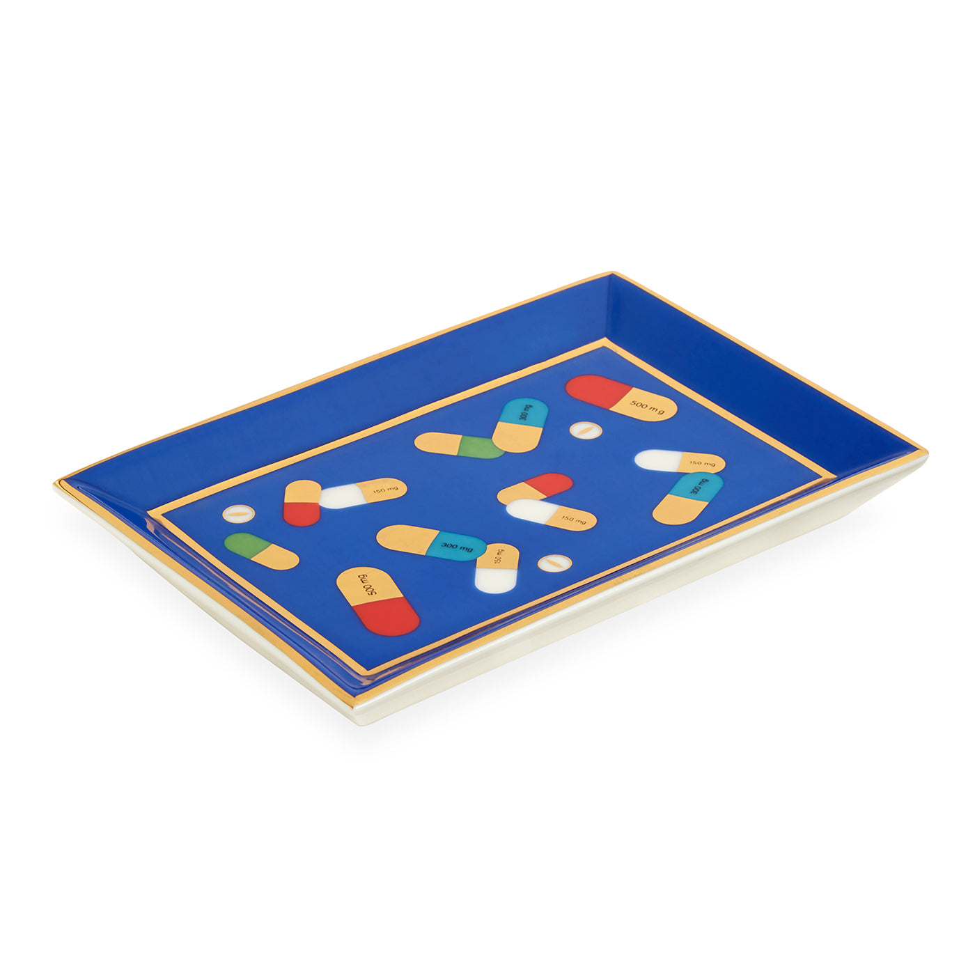 full dose rectangle tray porcelain blue multicolor accents gold - angle view