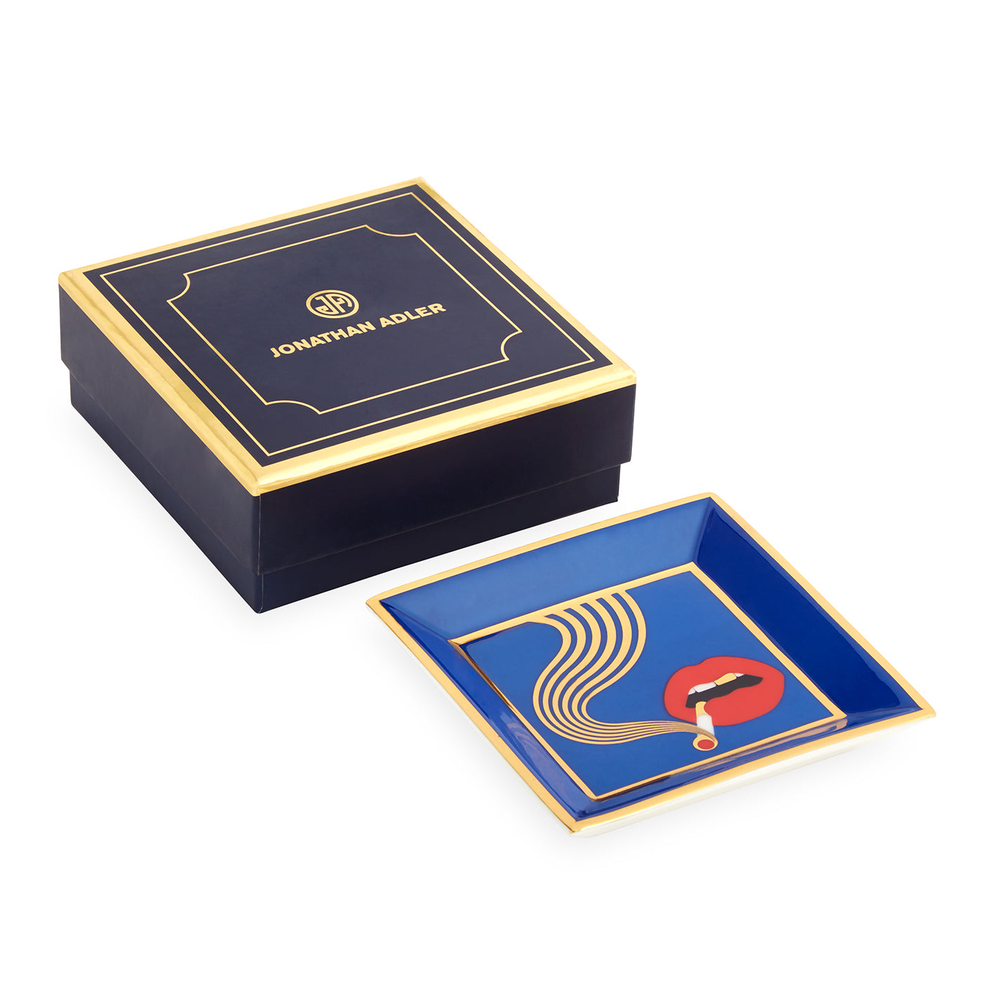 full dose square tray porcelain blue accents gold with box - angle view