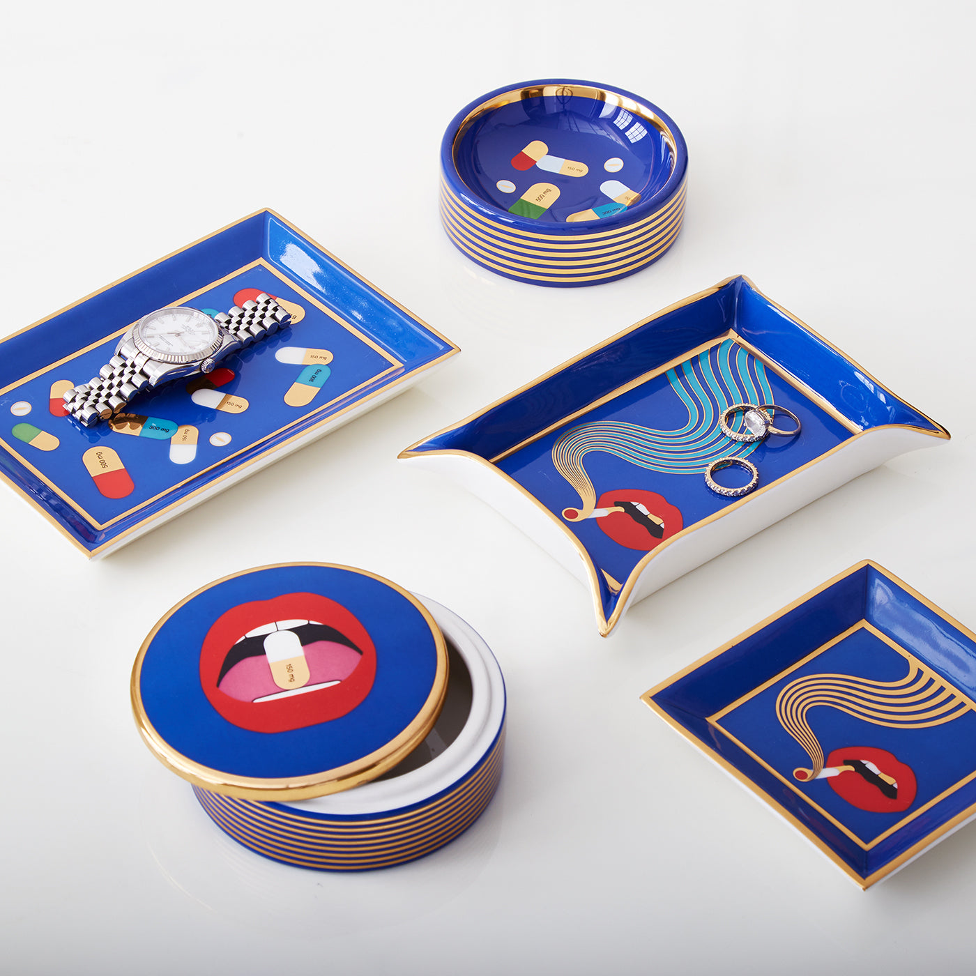 full dose rectangle tray porcelain blue multicolor accents gold with box - group view