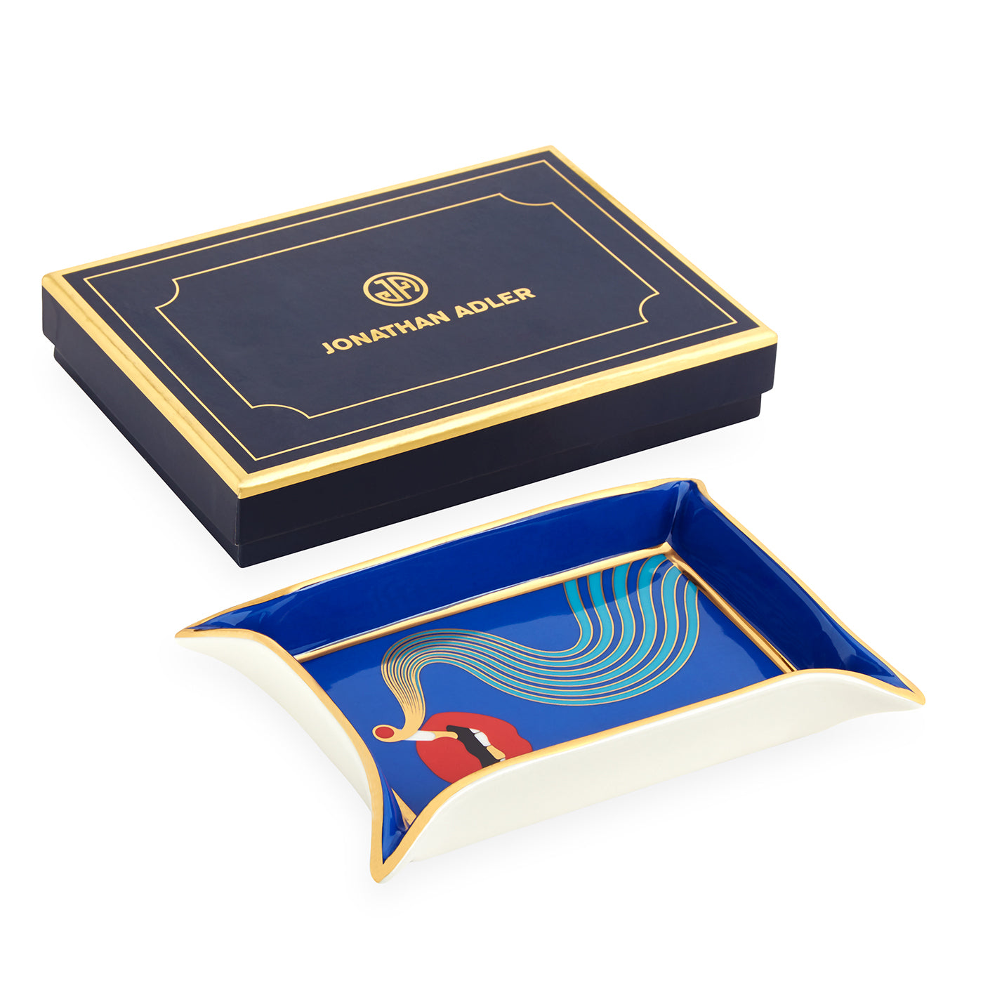 full dose valet tray porcelain blue red accents gold with box - angle view