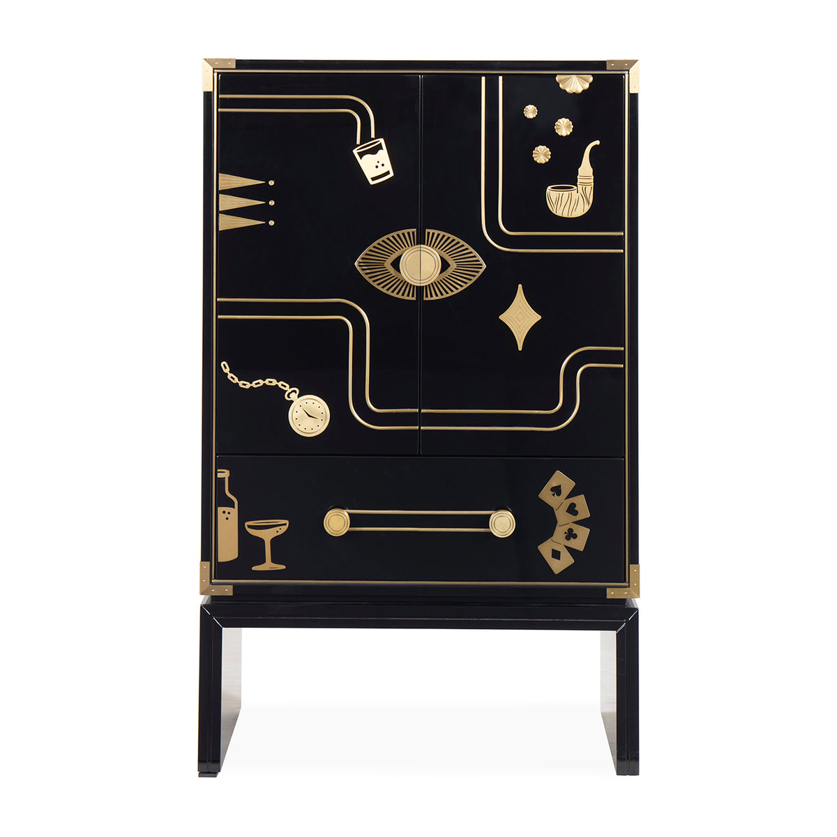 A black and gold two-door cabinet with decorative gold illustrations of everyday objects and geometric patterns, set against a plain white background.