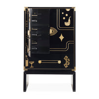 A black and gold Art Deco style cabinet with a glass door, decorative gold line illustrations, and a stand base, shown against a plain white background.