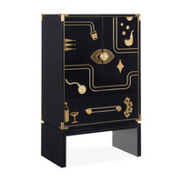 A black and gold Art Deco style cabinet with geometric and decorative gold motifs on a black lacquered body, shown on a plain white background.