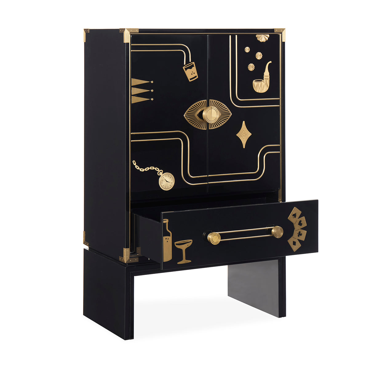 A black Art Deco style cabinet with gold decorative details, featuring a top hutch with two doors, a lower drawer, and gold hardware accents, shown on a white background.