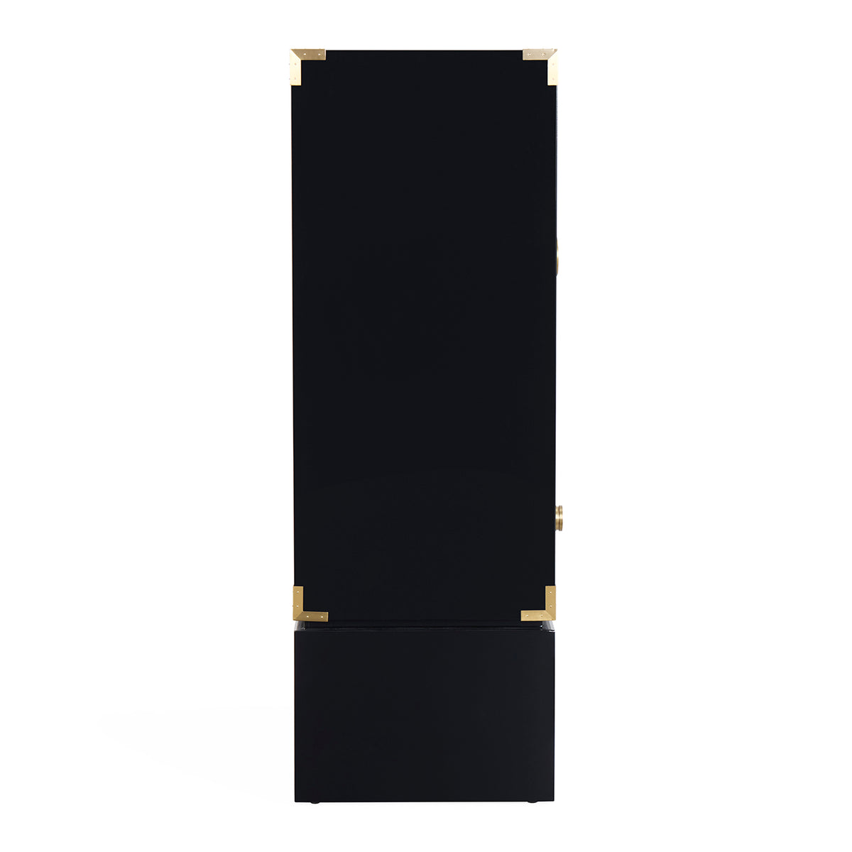 A tall, narrow black cabinet or storage unit with a rectangular base, featuring polished gold metal corner brackets and a small gold latch on the right side, shown against a plain white background.