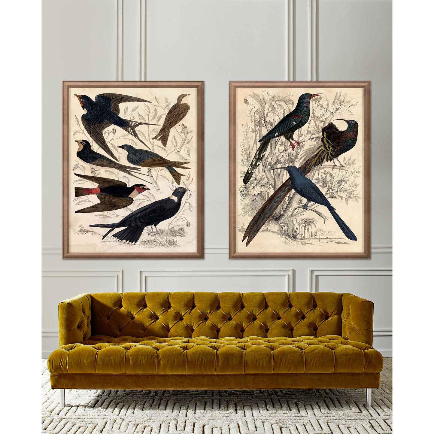 gallivani birds prints baxter t-arm sofa - styled view
