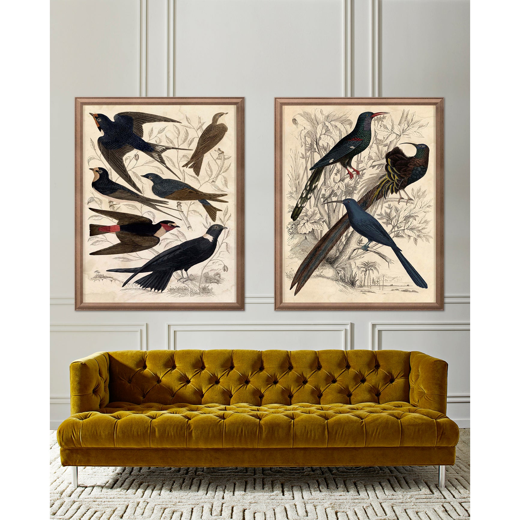 gallivani birds prints baxter t-arm sofa - styled view