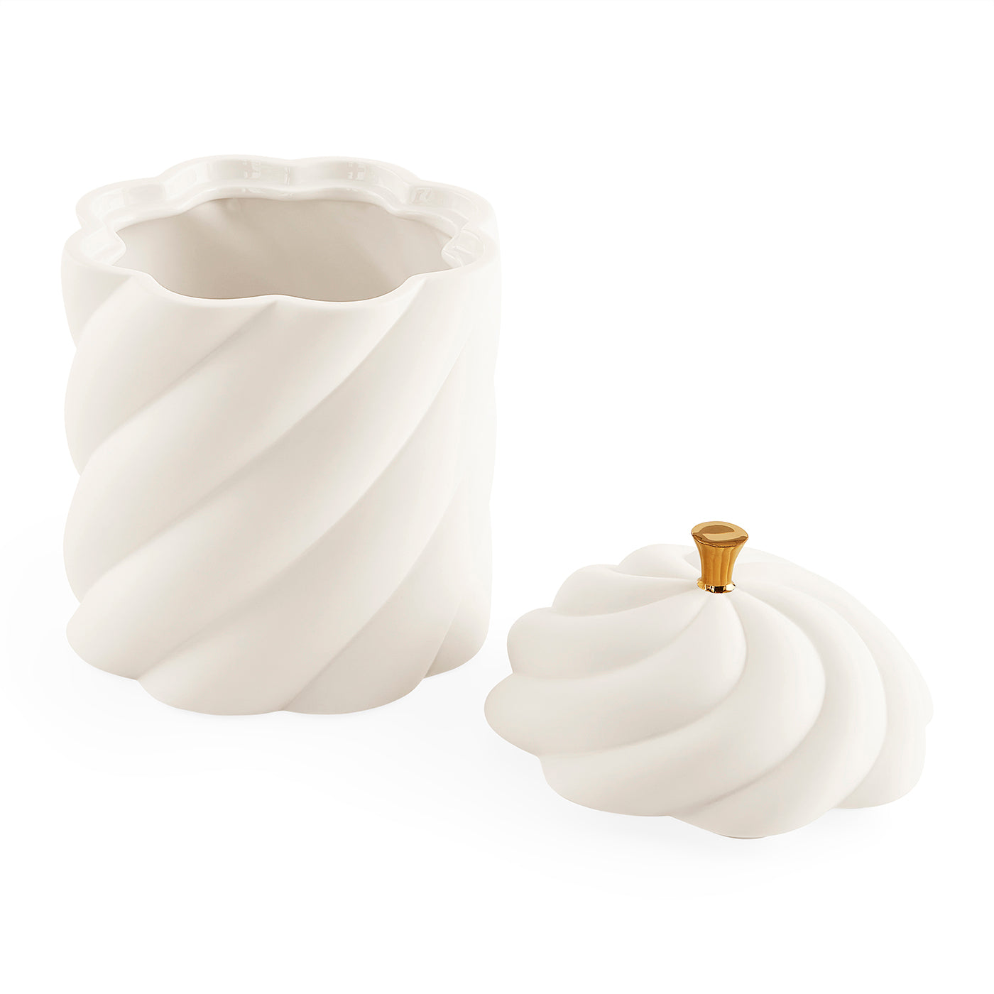 A white spiral-patterned ceramic jar with its matching lid placed beside it on a clean white background.
