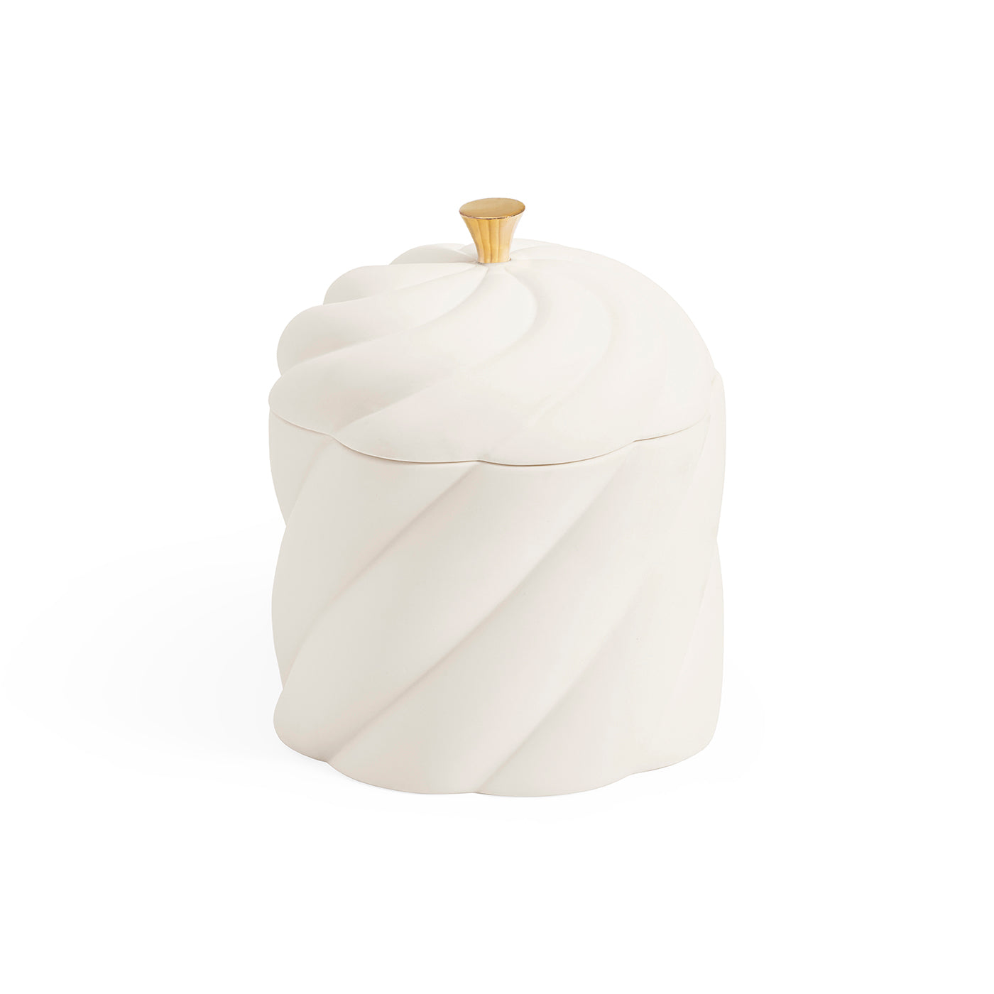 A white ceramic lidded container with a sculpted, twisted spiral design and a small gold-toned knob on top, set against a plain white background.