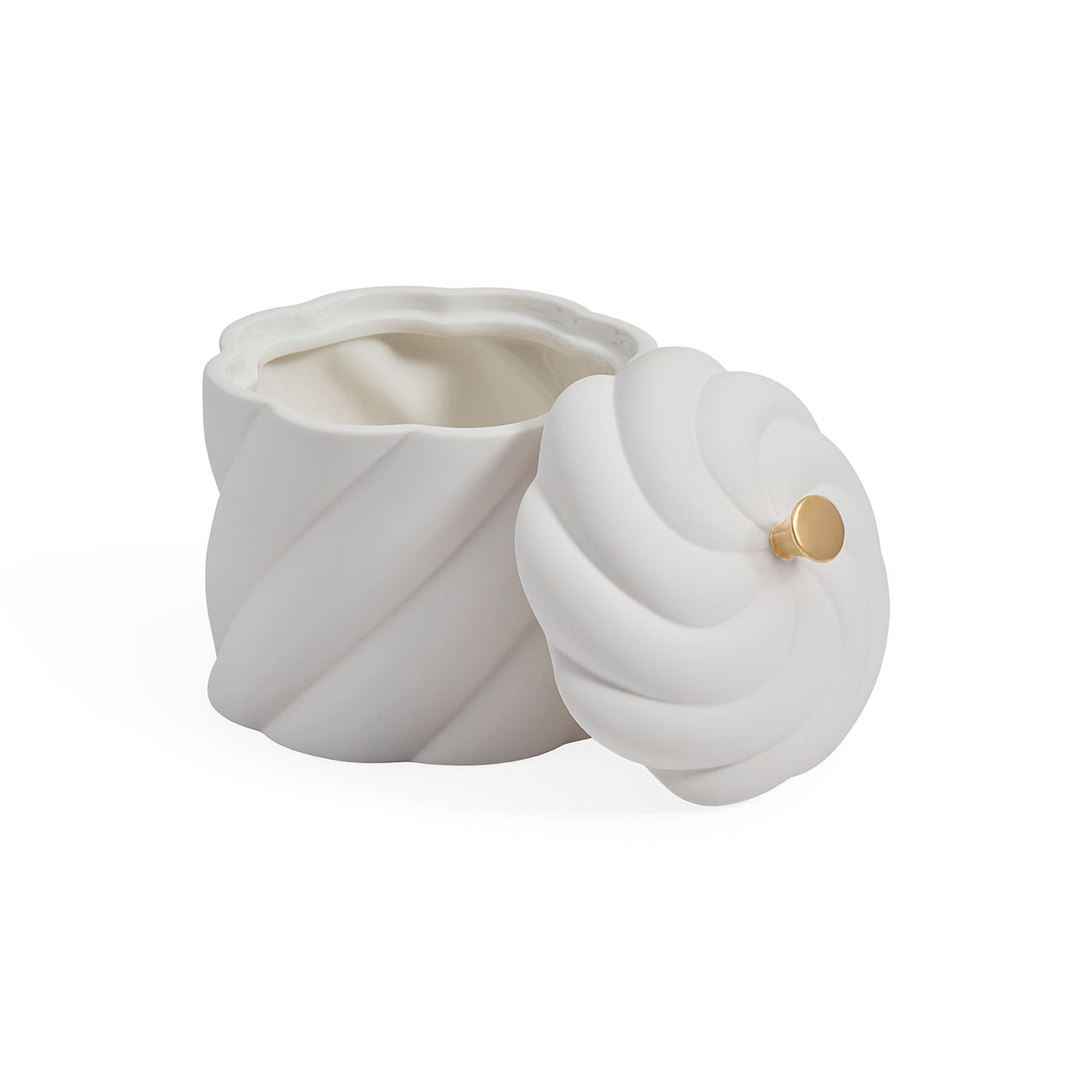 A white ceramic jar with a matching lid, featuring a sculpted spiral design and a small gold accent knob, shown on a clean white background.