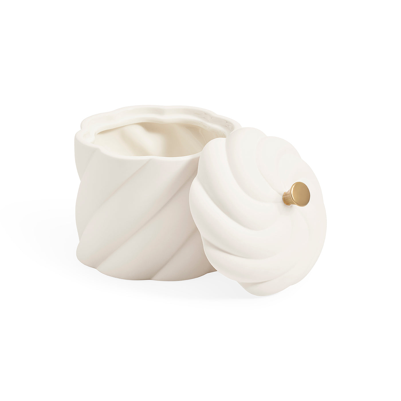 A white ceramic container with a matching lid, featuring a sculpted spiral design and a small gold knob on the lid, set against a plain white background.