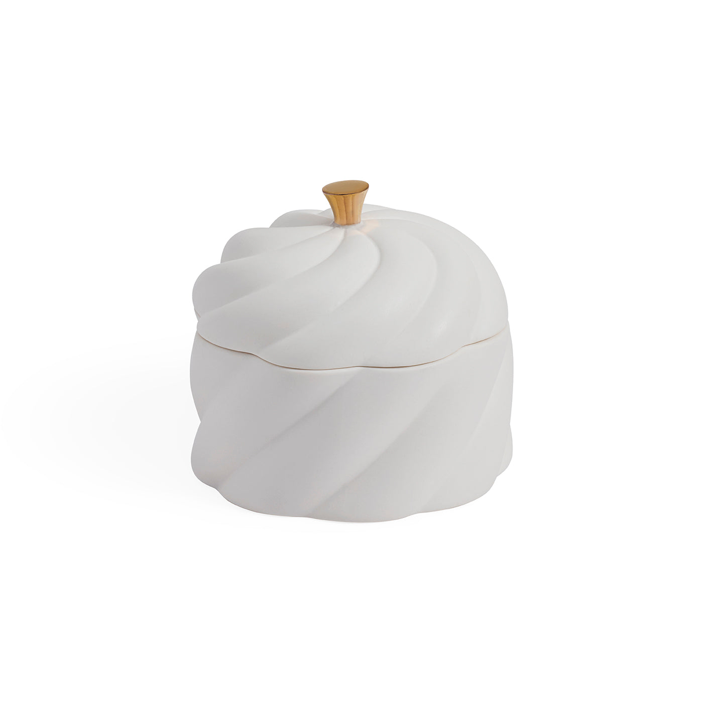 A white ceramic lidded container with a sculpted, ribbed surface and a small gold-toned knob on top, shown against a plain white background.