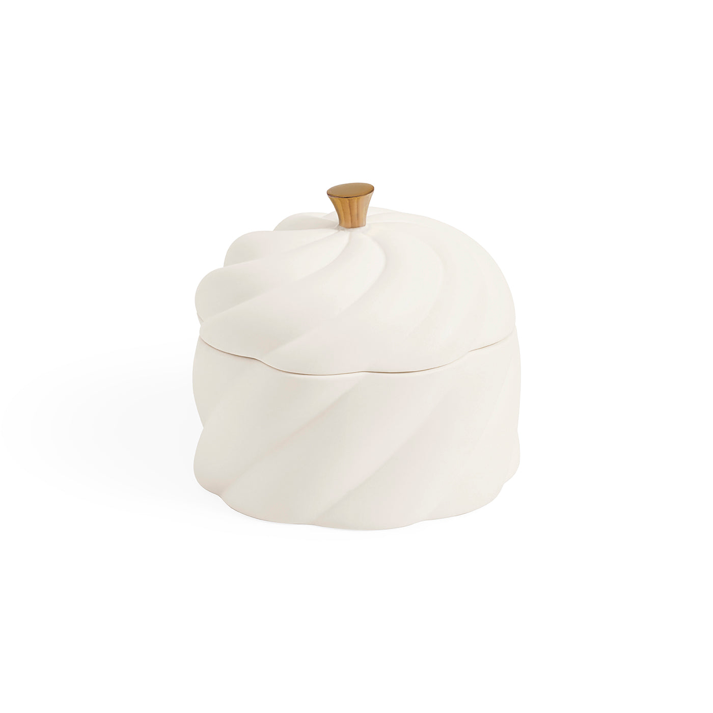 A white ceramic lidded container with a sculpted, ribbed surface and a small metallic gold knob on top, shown against a plain white background.