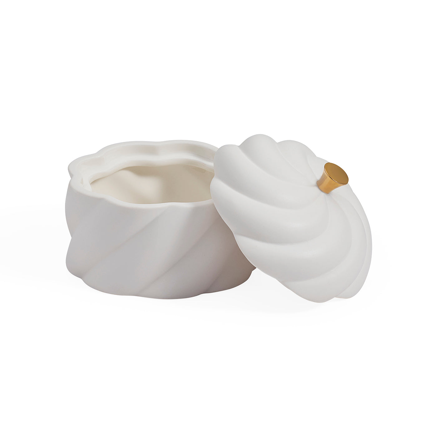 A white ceramic container with a matching lid, featuring a sculpted, ribbed design and a small gold accent knob, shown on a plain white background.