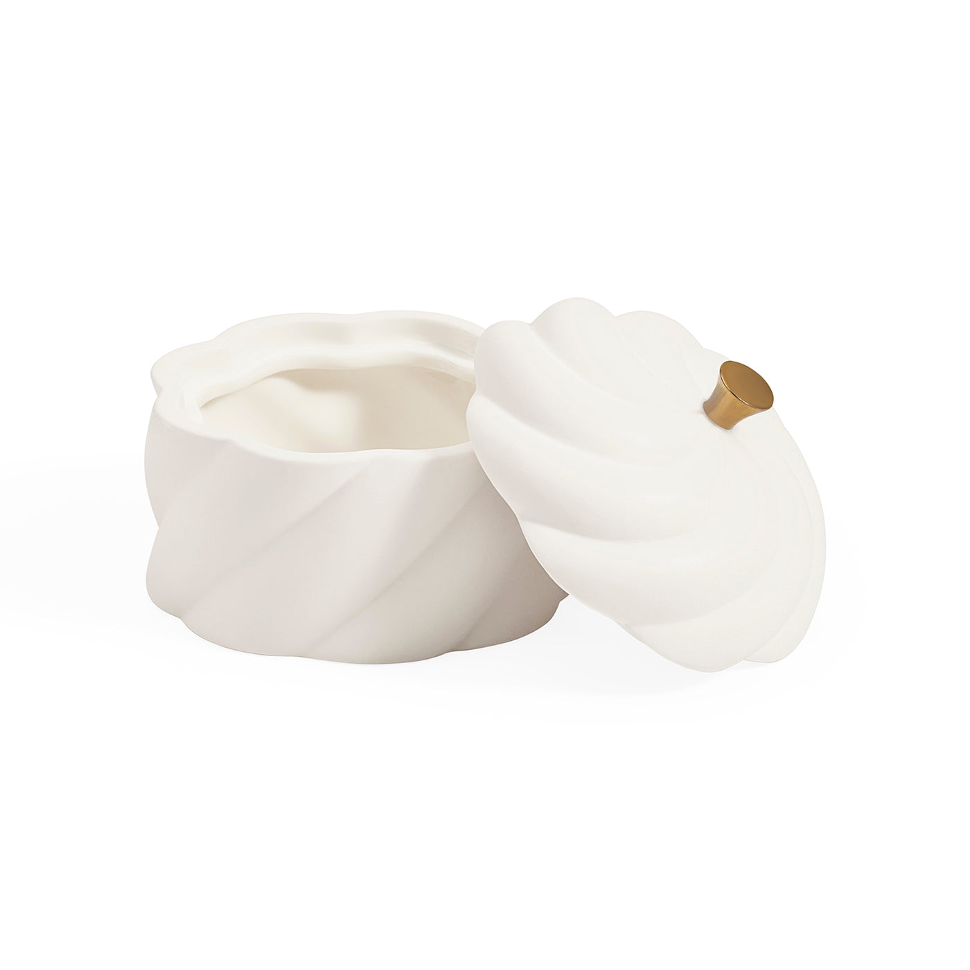 A white ceramic container with a matching lid, both featuring a twisted, sculptural design and a small gold accent knob, set against a plain white background.